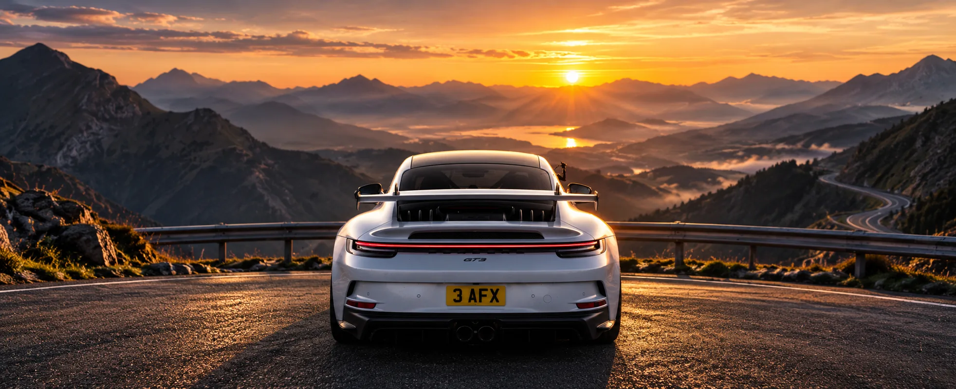 A white Porsche 911 GT3 seen from behind, parked at a mountain pass at sunset with the road winding down the valley.